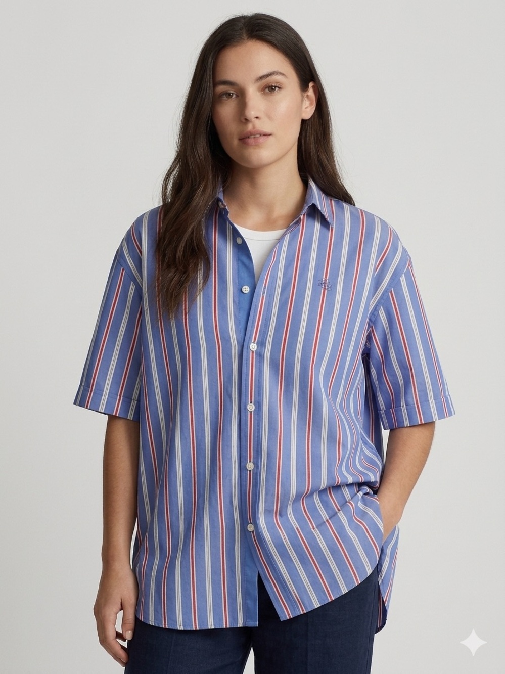 Ralph Lauren Blue Button-Down Shirt with Red & White Stripes